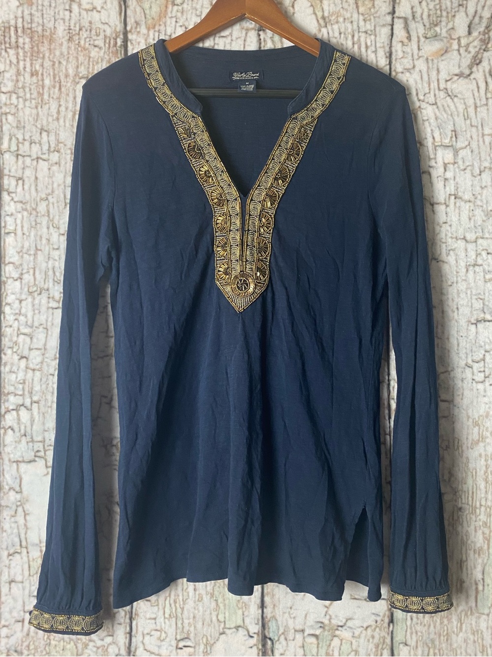 Lucky Brand Navy Embroidered Tunic Top Boho Chic Gold Beaded Blouse Luxe M - Picture 2 of 6